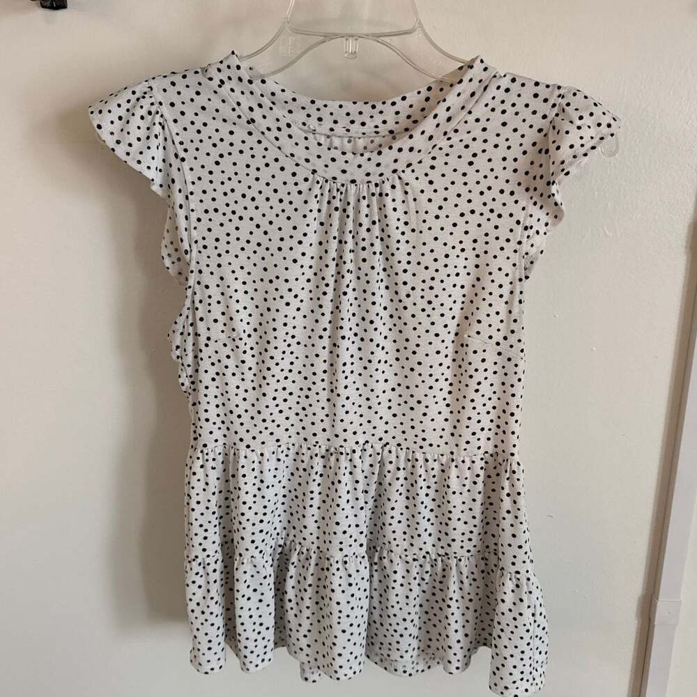 Monteau White Polka Dot Ruffled Sleeve Tiered Peplum Blouse